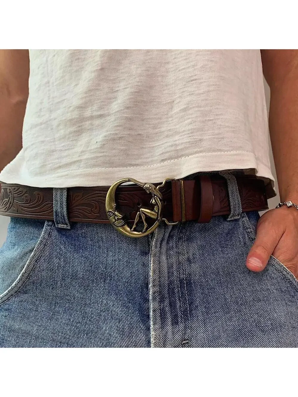 Half moon and Woman belt buckle brown belt. 44 inches length